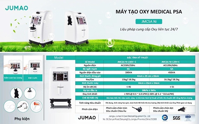 Máy tạo oxy JUMAO JMC5A là máy tạo oxy thế hệ cải tiến tối ưu của thương hiệu. Thao tác sử dụng dễ dàng, vận hành liên tục. Công nghệ hoàn thiện hoạt động ổn định trong thời gian dài.