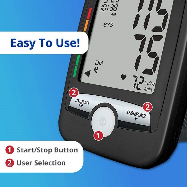 Bộ nhớ máy đo huyết áp lên đến 180 (90 kết quả cho mỗi người dùng). Xem huyết áp trung bình cho 3 lần đọc gần đây nhất