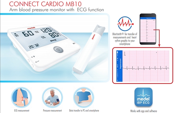 Máy đo huyết áp MEDEL Connect Cardio MB10 là máy đo huyết áp bắp tay điện tử hoàn toàn tự động với chức năng điện tâm đồ đi kèm để phát hiện quá trình đo huyết áp và nhịp tim tự động.