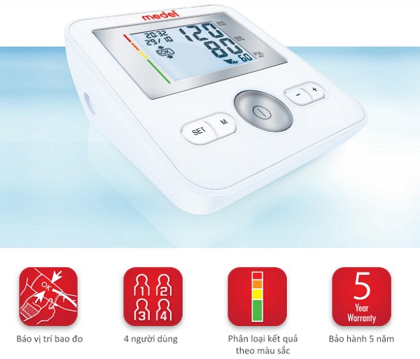 Máy đo huyết áp Medel đo nhanh, dễ dàng, kết quả được lưu trữ và tính trung bình theo từng người đo. 